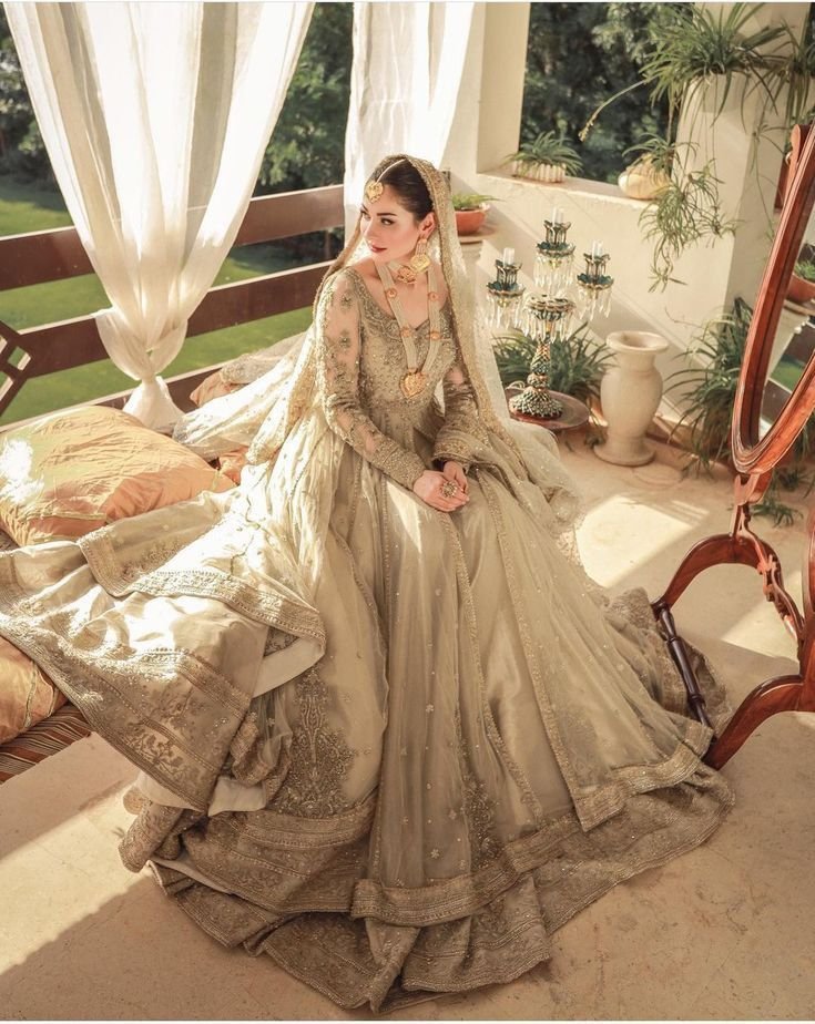 Long Maxi Paired Lehenga 2024 beige plus golden color