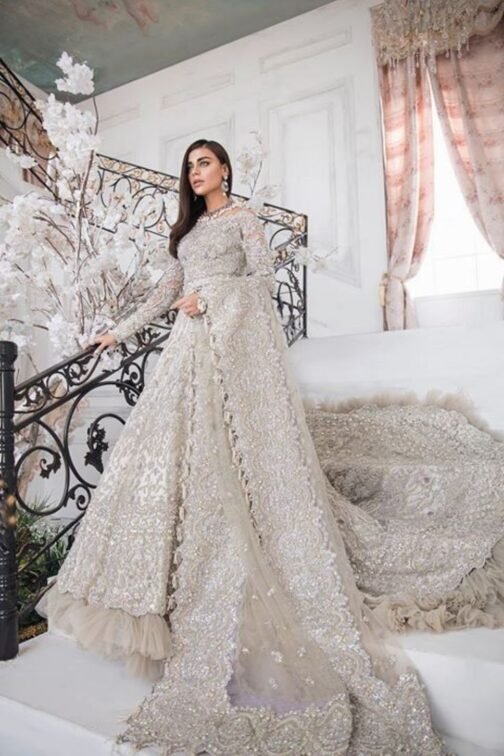 Long tail walima maxi design for Brides with off-shoulder neckline