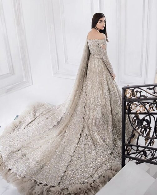 Long tail walima maxi design with off-shoulder neckline